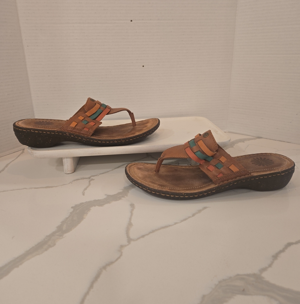 UGG Jenaya Brown Leather Basket Weave Thong Sandals Womens Size 9